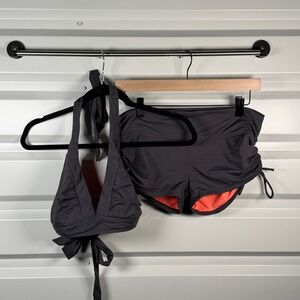 Athleta Bikini Set Gray Coral Halter Top Large Ruched Swim Shorts Medium
